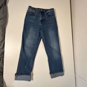 frye high rise straight cuffed denim blue jeans medium wash women's size 2/26.